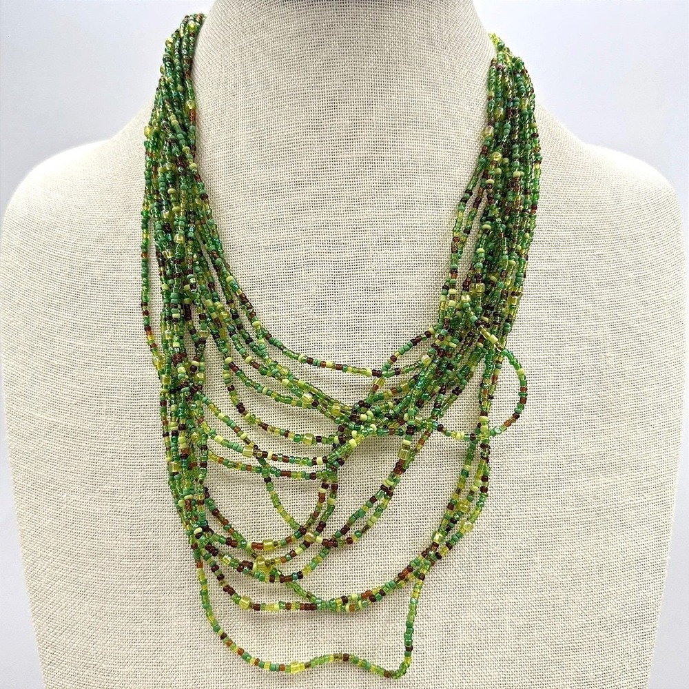 Vintage 80s Avon Green Seed Bead Strands Graduated Statement Necklace Jewelry